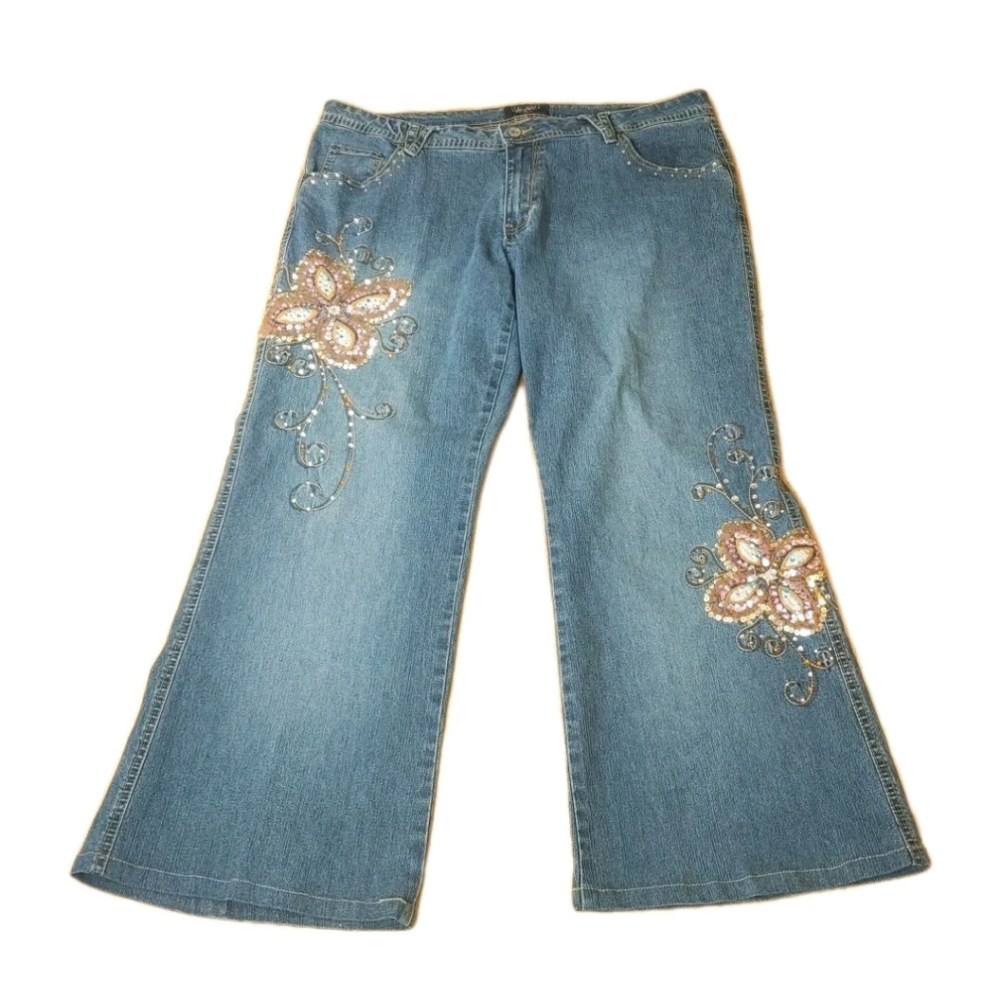 Angels Wide Leg Jeans Woman 20W Blue Denim Butterfly Floral Sequins Vtg 90s Y2K
